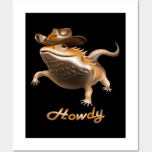 Bearded dragon wearing a cowboy hat, saying howdy cartoon Posters and Art